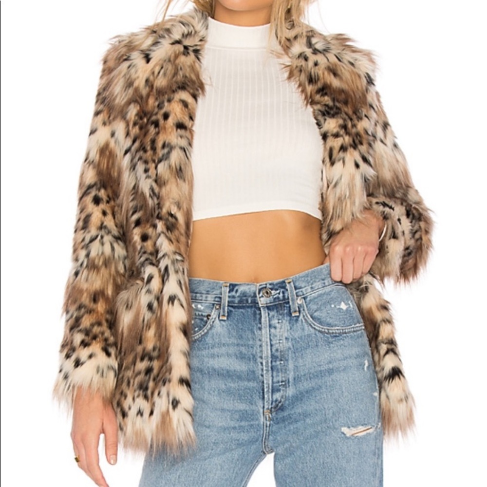MAJORELLE Faux Fur Leopard Print Coat in Brown and Cream